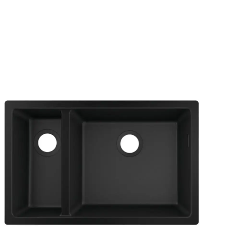 Unterbauspüle von Hansgrohe in Graphitschwarz mit zwei Becken und runden Öffnungen. Einfache, klare Form ohne zusätzliche Verzierungen.